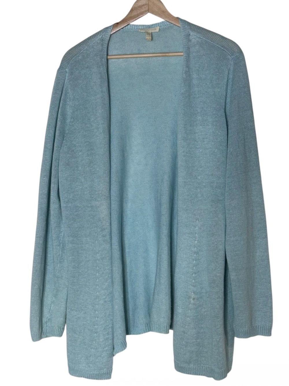 Eileen Fisher 100% Linen Light Blue Open Front Knit Cardigan Size XL Lagenlook